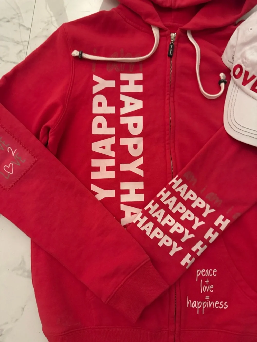 Peace Love Word Red 'Happy' Graphic Zip Hoodie with White 'LOVE' Cap - Picture 2 of 9